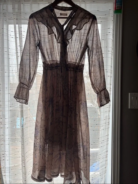 Korean Floral Tie-Neck Long Sleeve Midi Dress in Blush - Picture 7 of 9